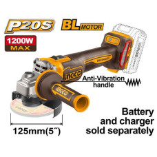 Аккумуляторная УШМ 20В, BL 125мм без АКБ и ЗУ SUPER INGCO CAGLI212027 INDUSTRIAL