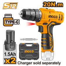 Аккумуляторная дрель-шуруповерт 12В 20Нм 15+1 USB type-C INGCO CDLI12328